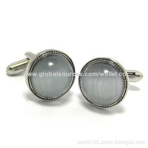 Fashionable Men's Cufflinks, Cat's Eye Stone, Shiny Polished, 316L Stainless Steel